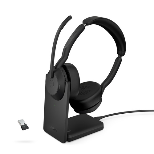 JABRA Evolve2 55 Stereo + Charging Stand - Wireless Headset - UC Certified - Active Noise Cancelling - 30m Range - USB A